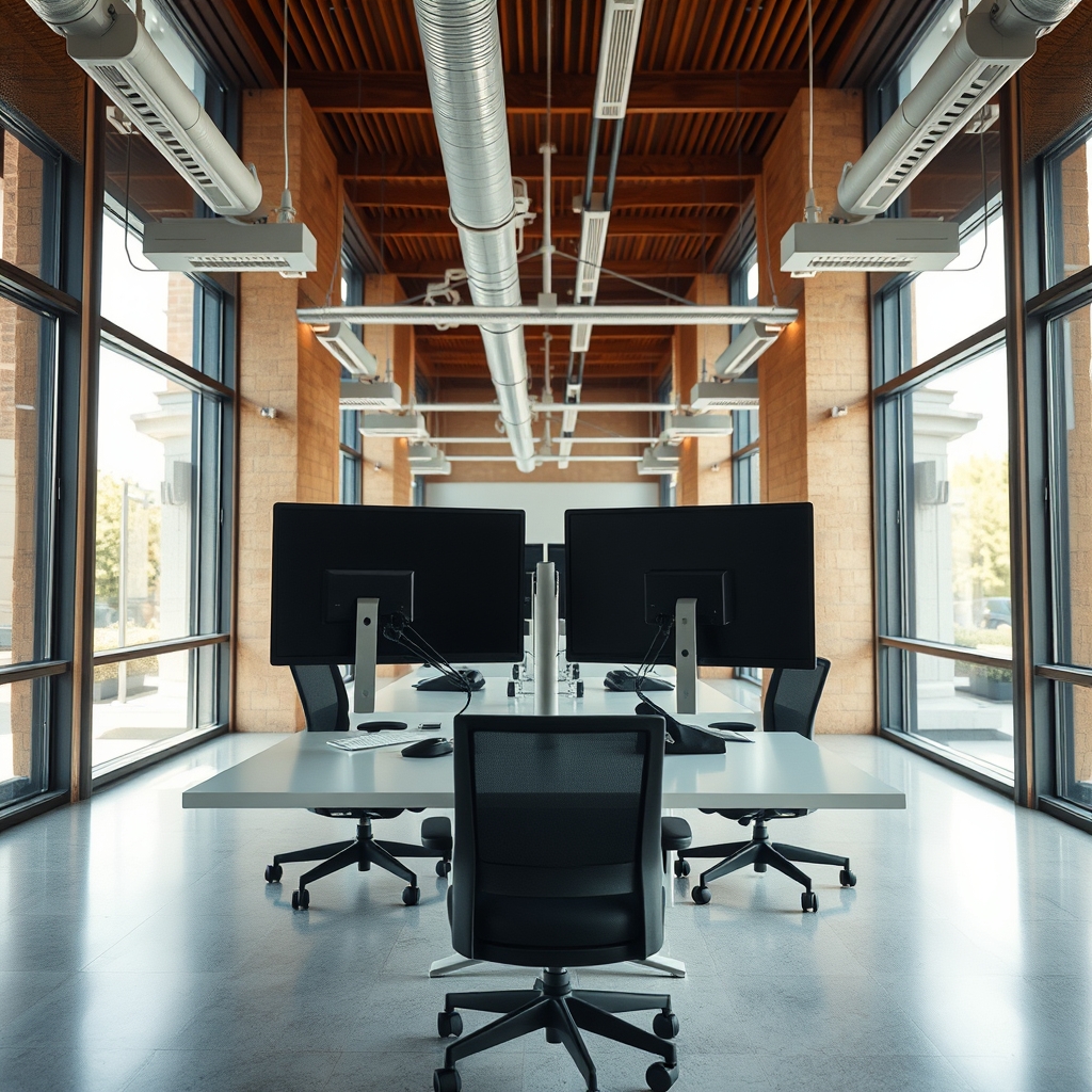 Офисное рабочее место с несколькими мониторами, отображающими аналитические дашборды