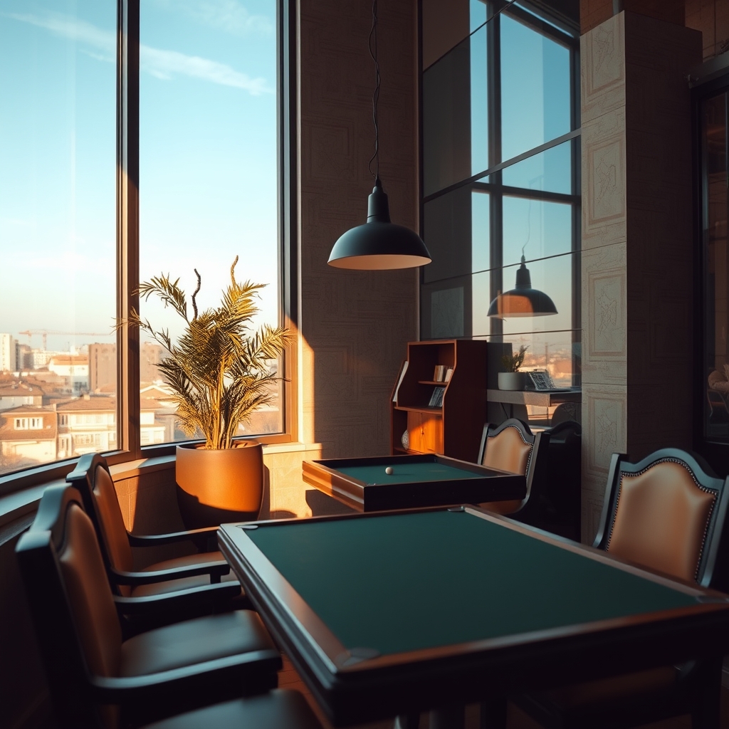 Шахматная доска с фигурами на деревянном столе, освещённая настольной лампой