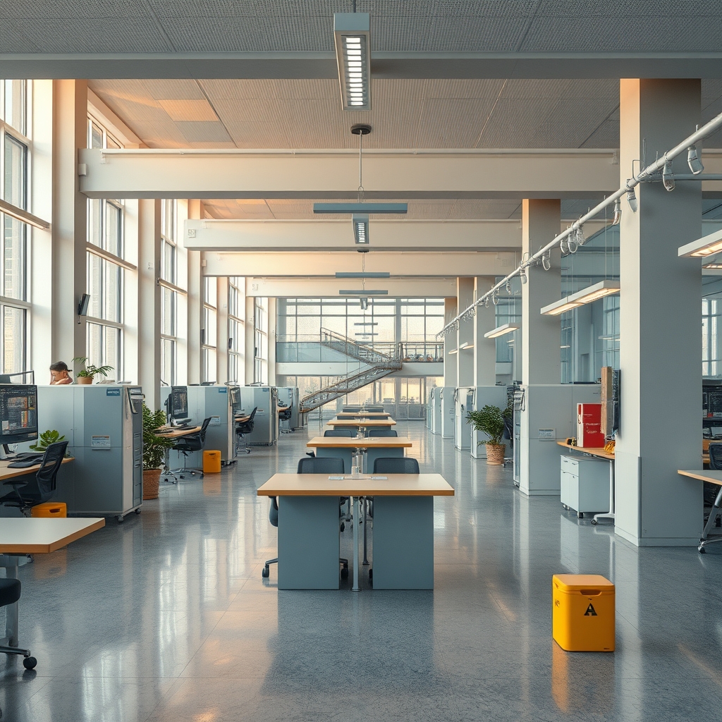 Современный дата-центр с рядами серверных стоек в голубом освещении